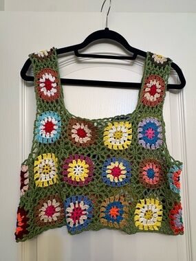 Green Crochet Patchwork Tank Top with Multicolor Granny Squares